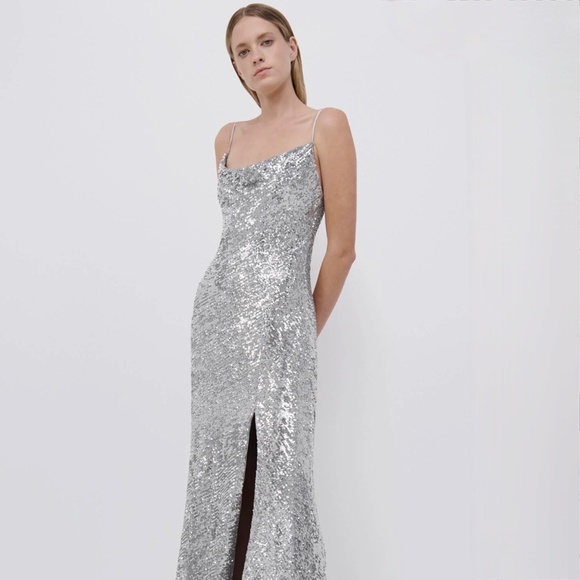 Jonathan Simkhai Silver Finley All Over Sequined Lined Dress Gown IT44 - Picture 15 of 16